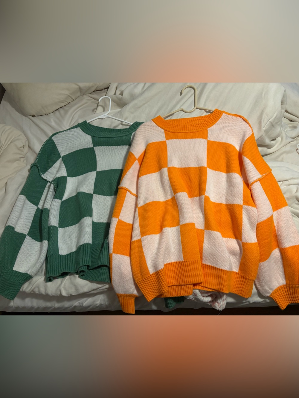 Checkerboard Knit Sweaters- Green/White & Orange/Cream